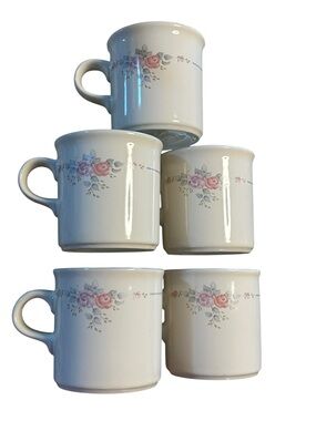 Vintage Pfaltzgraff 5-PC Floral Ceramic Coffee Mugs with Pink Rose Pattern